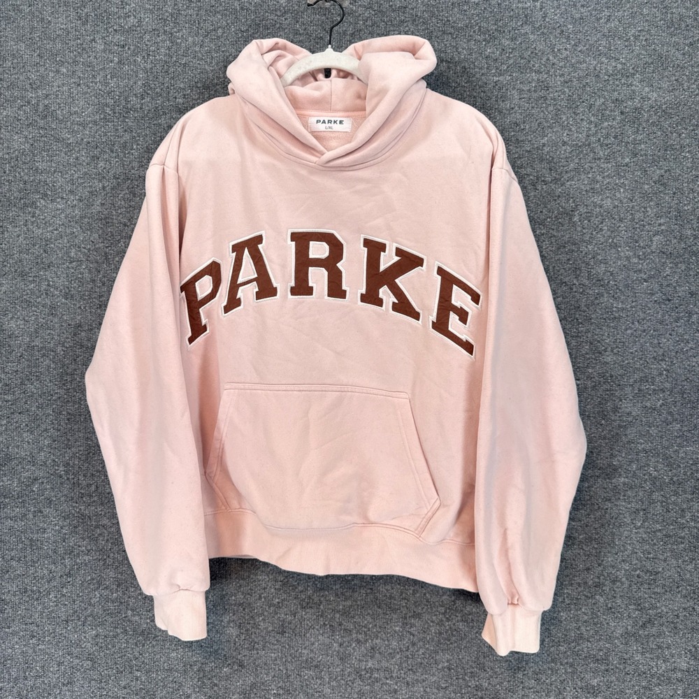 Parke Hoodie Sweatshirt Women Large/XL Pink Brown Varsity Logo Fleece Pullover